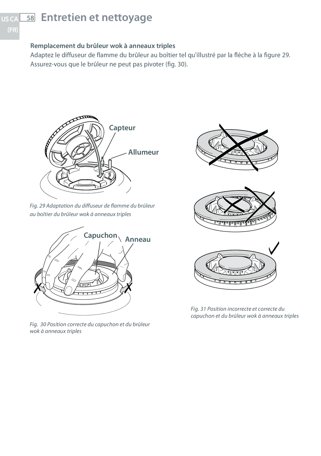 Fisher & Paykel CG244, CG122 Capteur Allumeur, Capuchon Anneau, Remplacement du brûleur wok à anneaux triples 