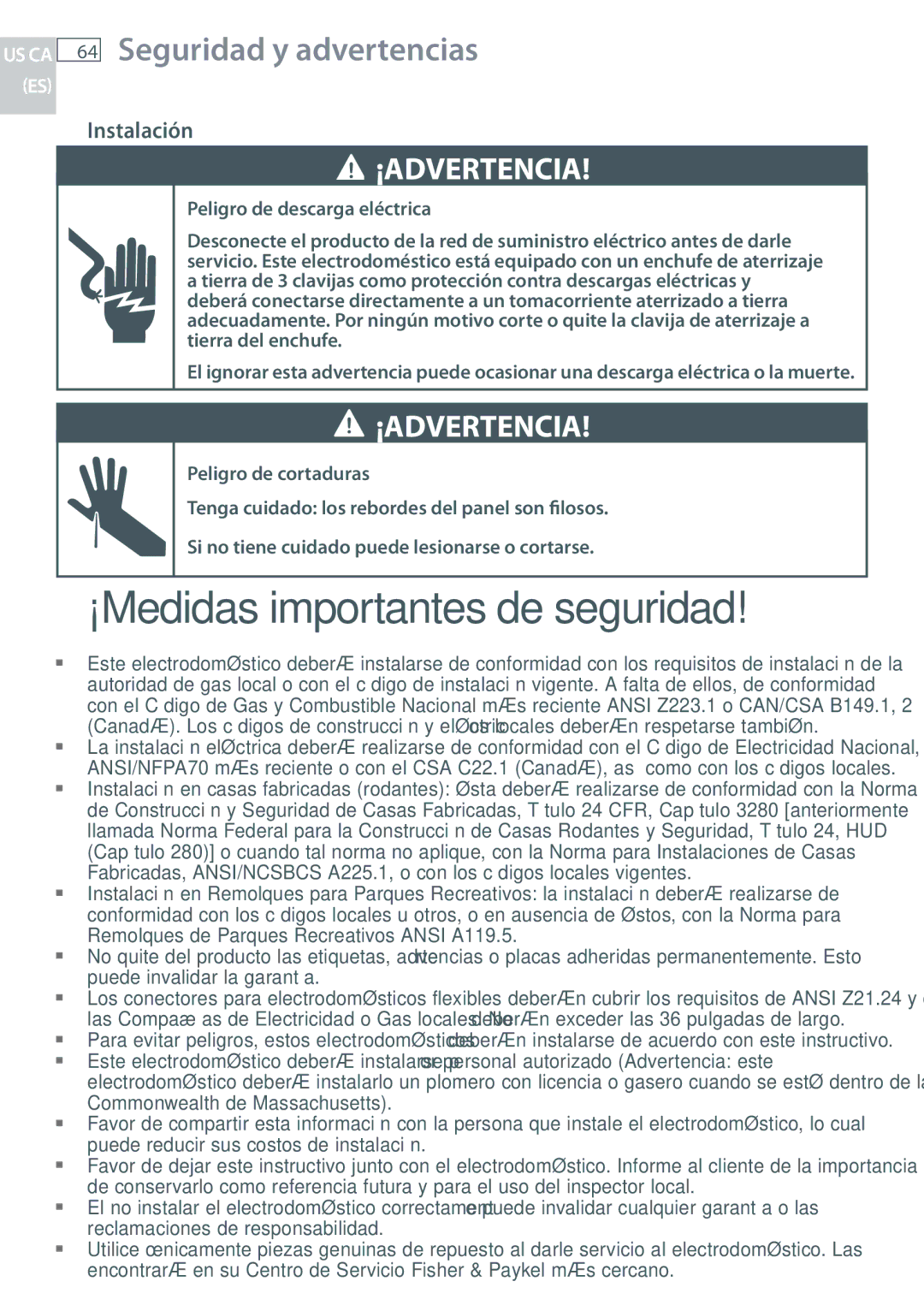 Fisher & Paykel CG244, CG122 installation instructions Seguridad y advertencias, Instalación 