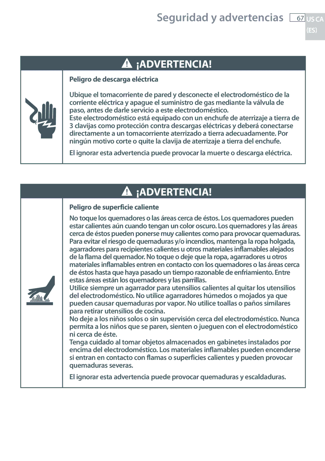 Fisher & Paykel CG122, CG244 installation instructions Peligro de descarga eléctrica, Peligro de superficie caliente 