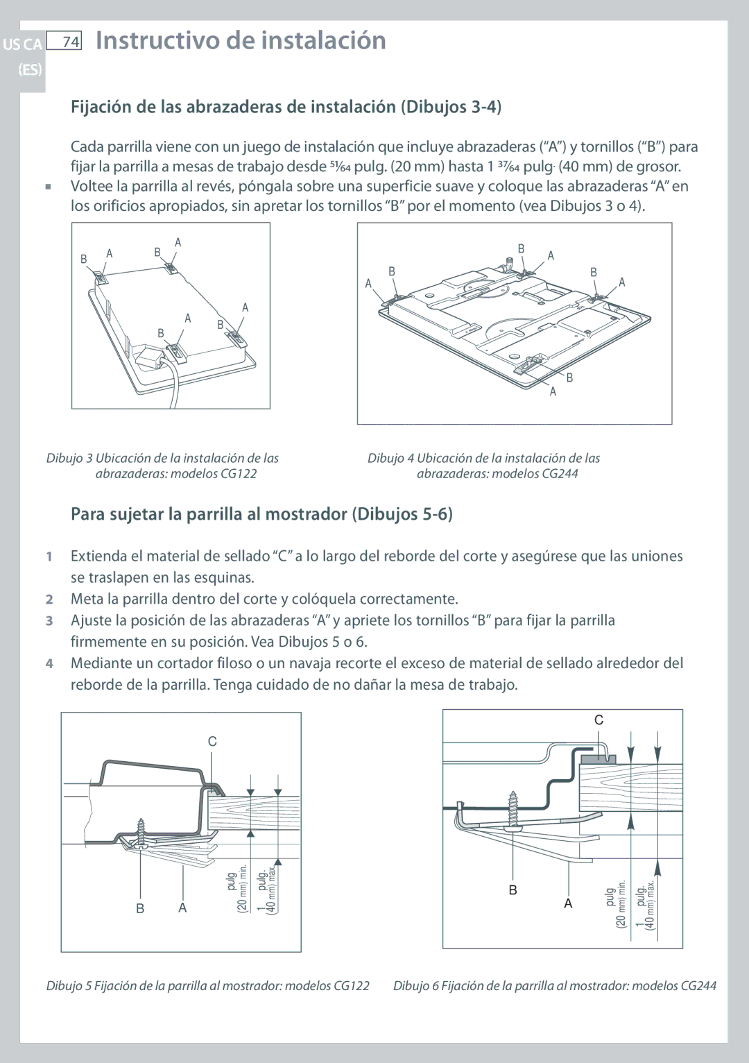 Fisher & Paykel CG244 Fijación de las abrazaderas de instalación Dibujos, Para sujetar la parrilla al mostrador Dibujos 