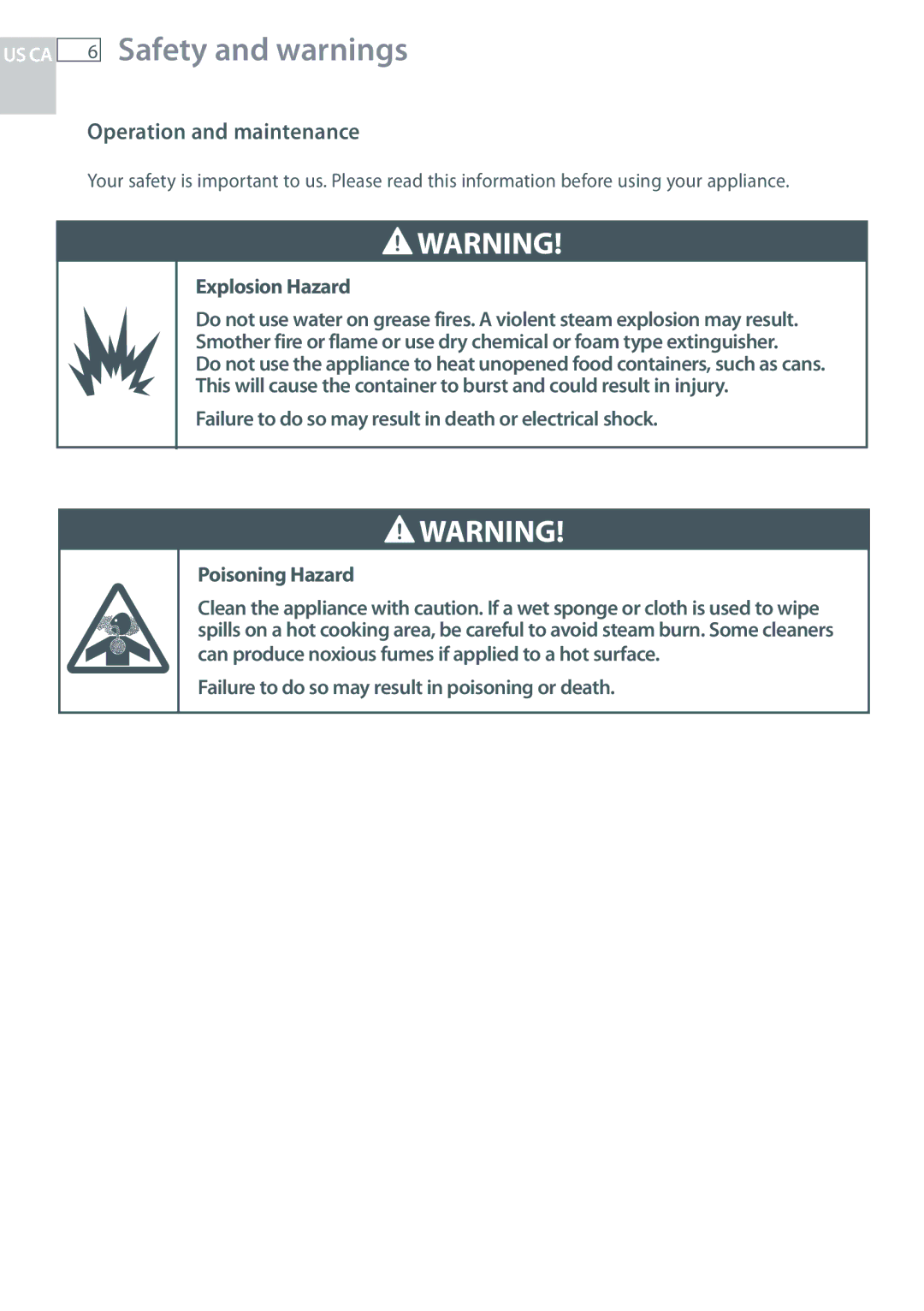 Fisher & Paykel CG244 Operation and maintenance, Explosion Hazard, Failure to do so may result in poisoning or death 