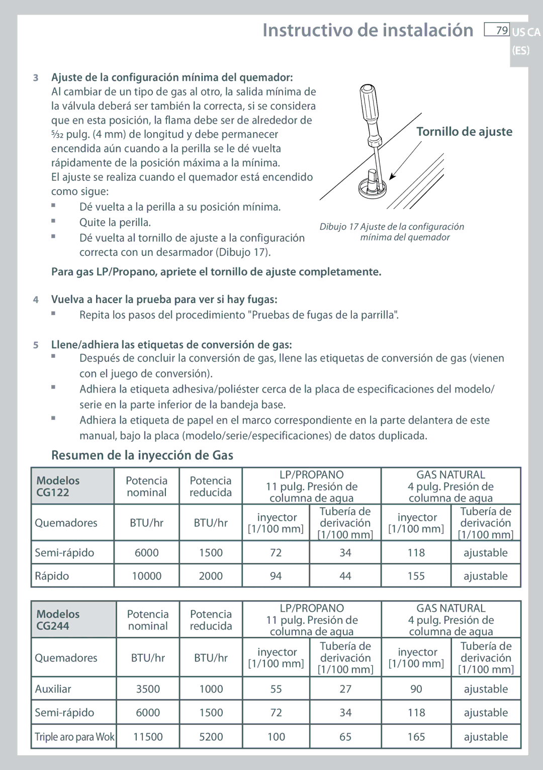 Fisher & Paykel CG122, CG244 installation instructions Resumen de la inyección de Gas 