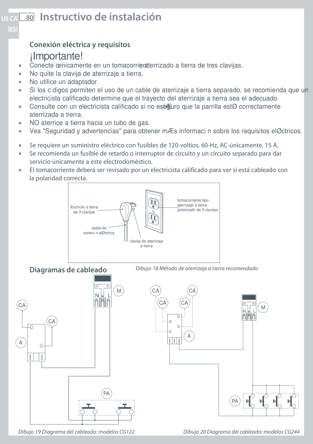 Fisher & Paykel CG244, CG122 installation instructions Conexión eléctrica y requisitos, Diagramas de cableado 