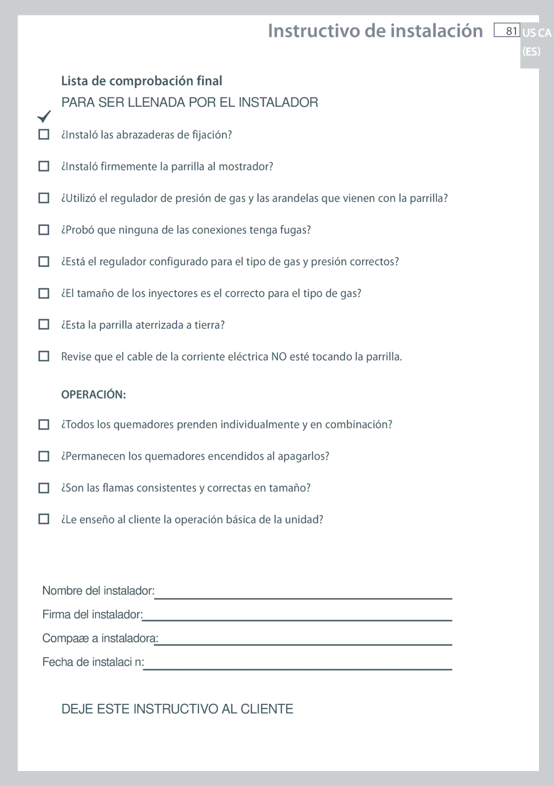 Fisher & Paykel CG122, CG244 installation instructions Lista de comprobación final, Para SER Llenada POR EL Instalador 