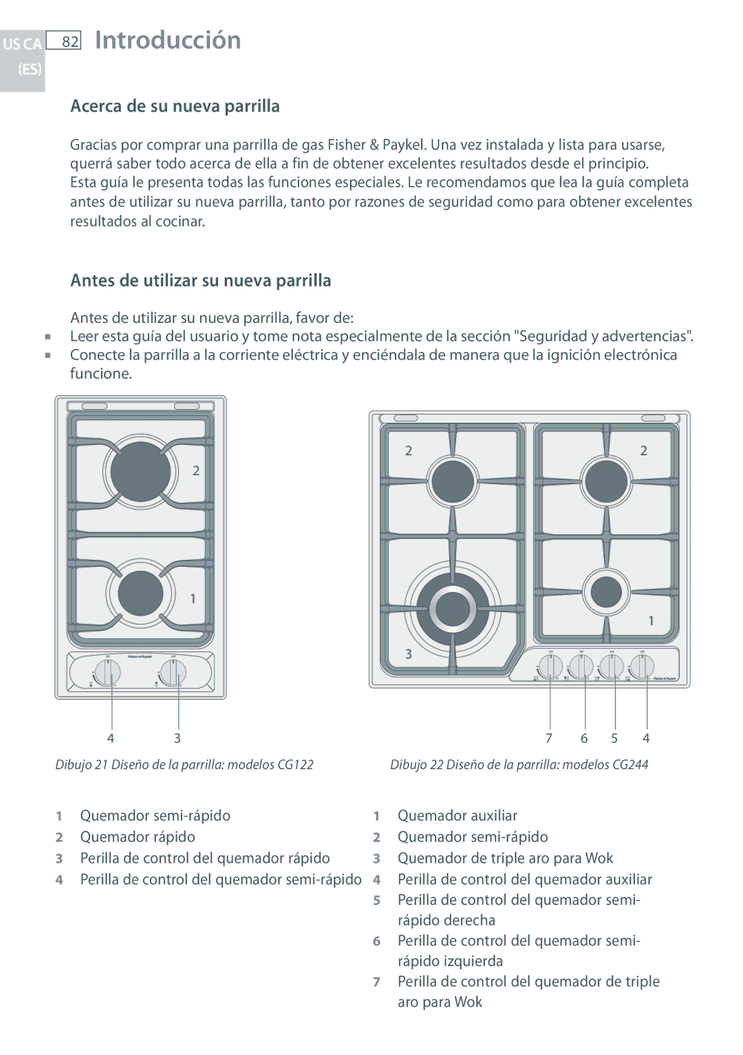 Fisher & Paykel CG244, CG122 Introducción, Acerca de su nueva parrilla, Antes de utilizar su nueva parrilla 