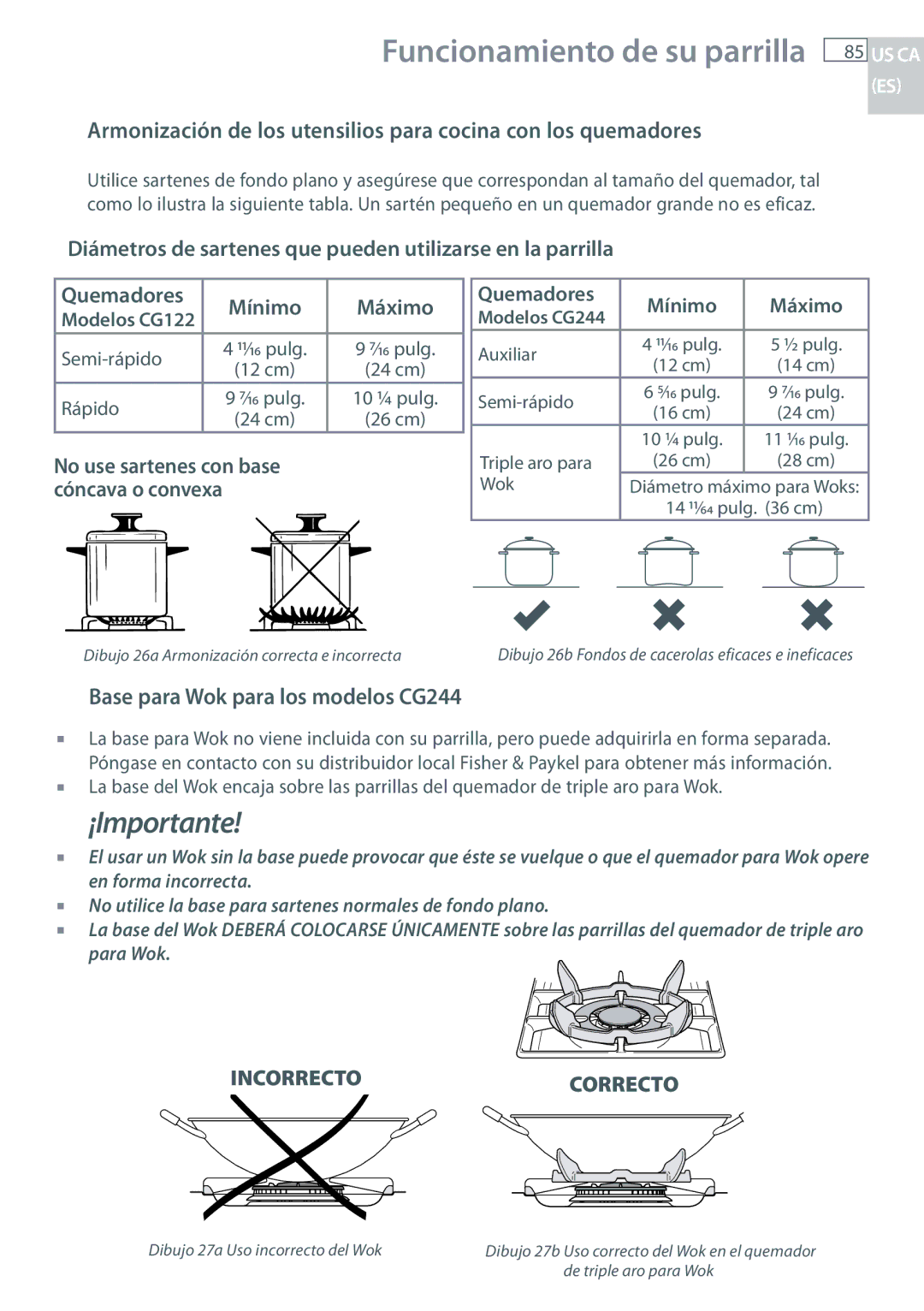 Fisher & Paykel CG122 installation instructions Base para Wok para los modelos CG244, Quemadores Mínimo Máximo, Rápido 