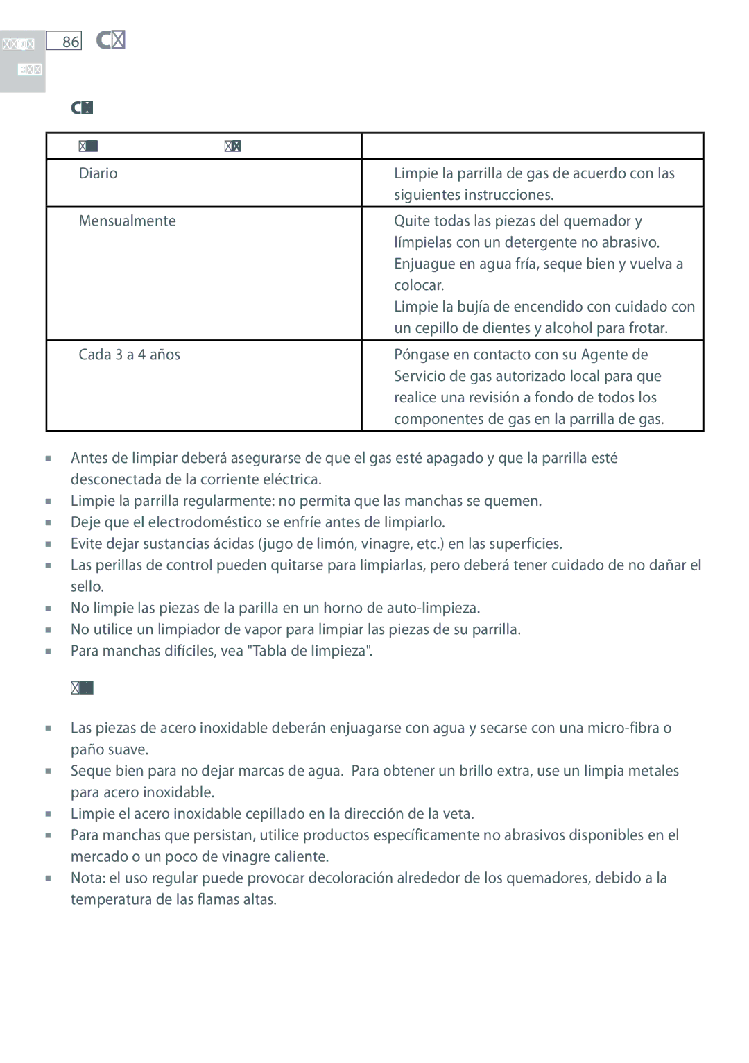 Fisher & Paykel CG244, CG122 installation instructions Cuidado y limpieza, Consejo general, Piezas de acero inoxidable 