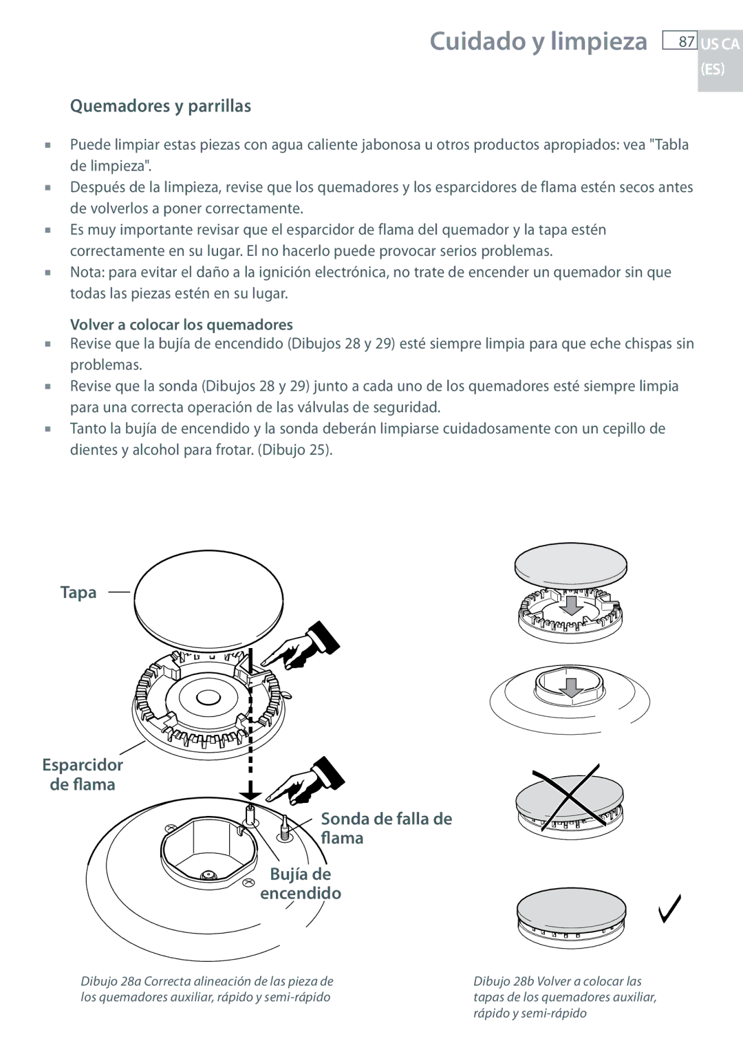 Fisher & Paykel CG122, CG244 installation instructions Quemadores y parrillas, Volver a colocar los quemadores 