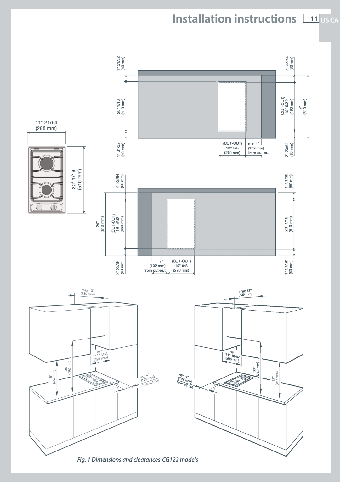 Fisher & Paykel CG244 Installation instructions, Us Ca, Dimensions and clearances-CG122models, 11” 21/64 288 mm 