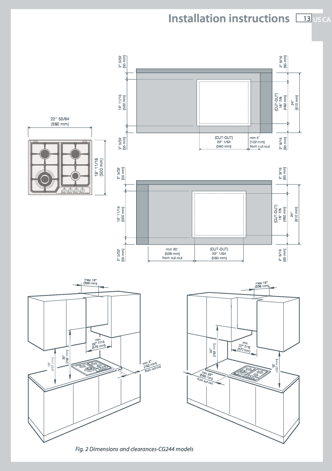 Fisher & Paykel CG122 Installation instructions, Us Ca, Dimensions and clearances-CG244models, 22” 53/64 580 mm 11/16 mm 