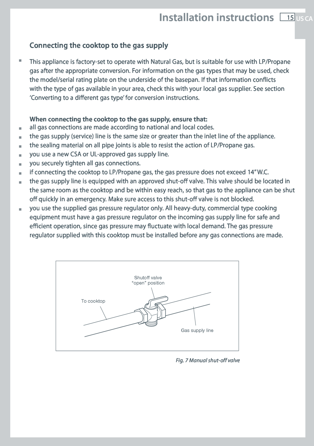 Fisher & Paykel CG122, CG244 Installation instructions, Connecting the cooktop to the gas supply, Manual shut-offvalve 