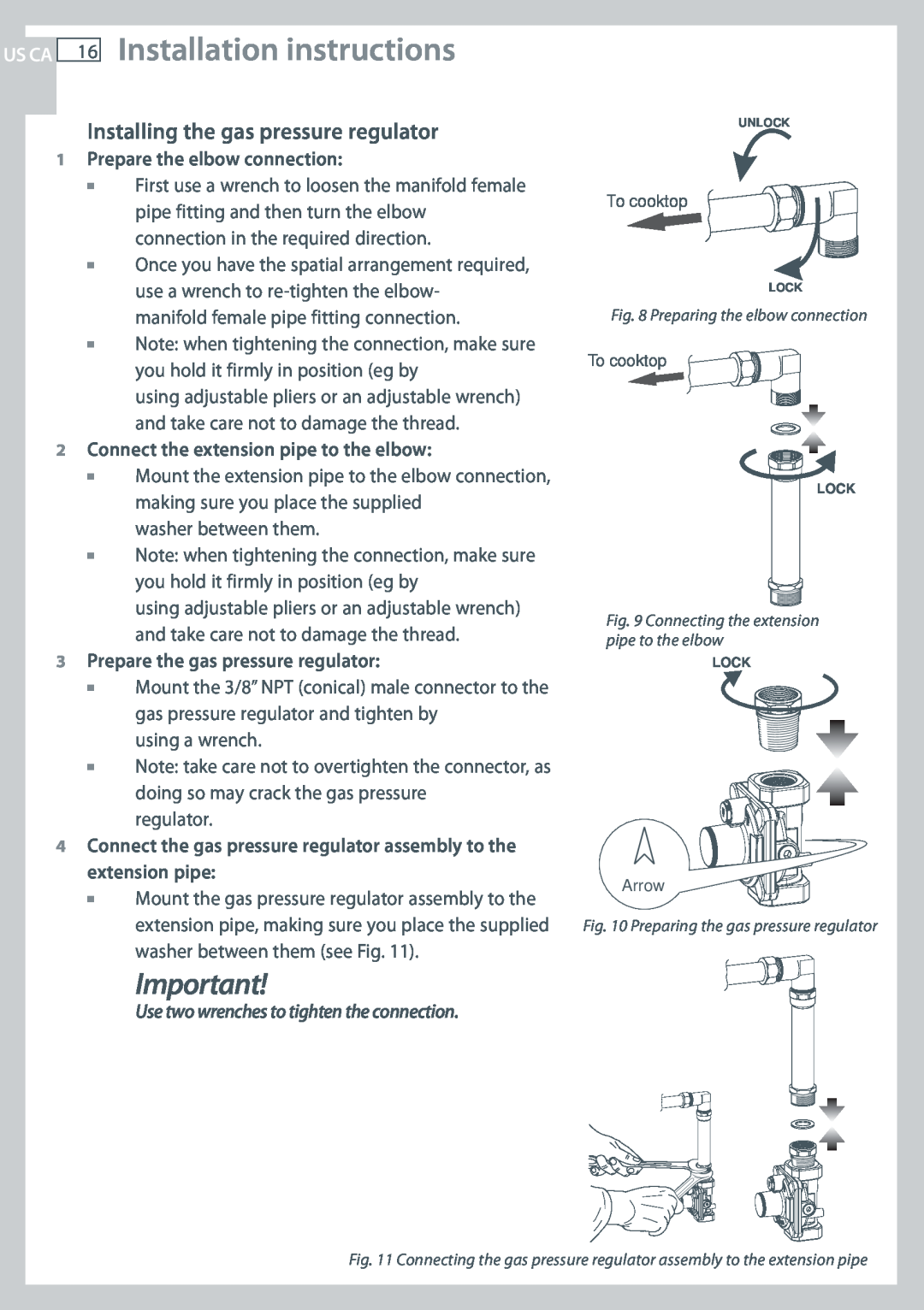 Fisher & Paykel CG244, CG122 US CA 16 Installation instructions, Installing the gas pressure regulator 