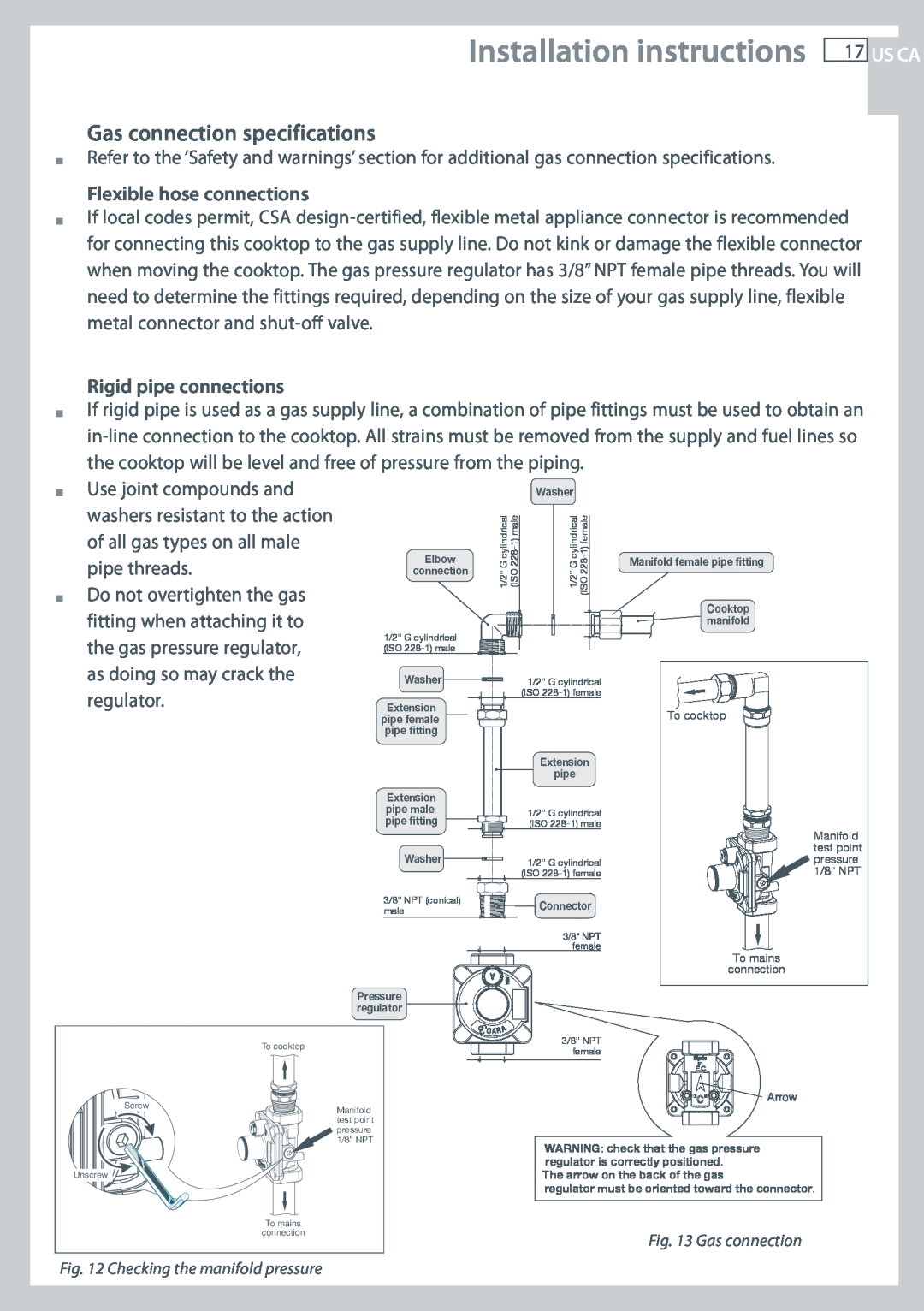 Fisher & Paykel CG122, CG244 Installation instructions, Gas connection specifications, Flexible hose connections, Us Ca 