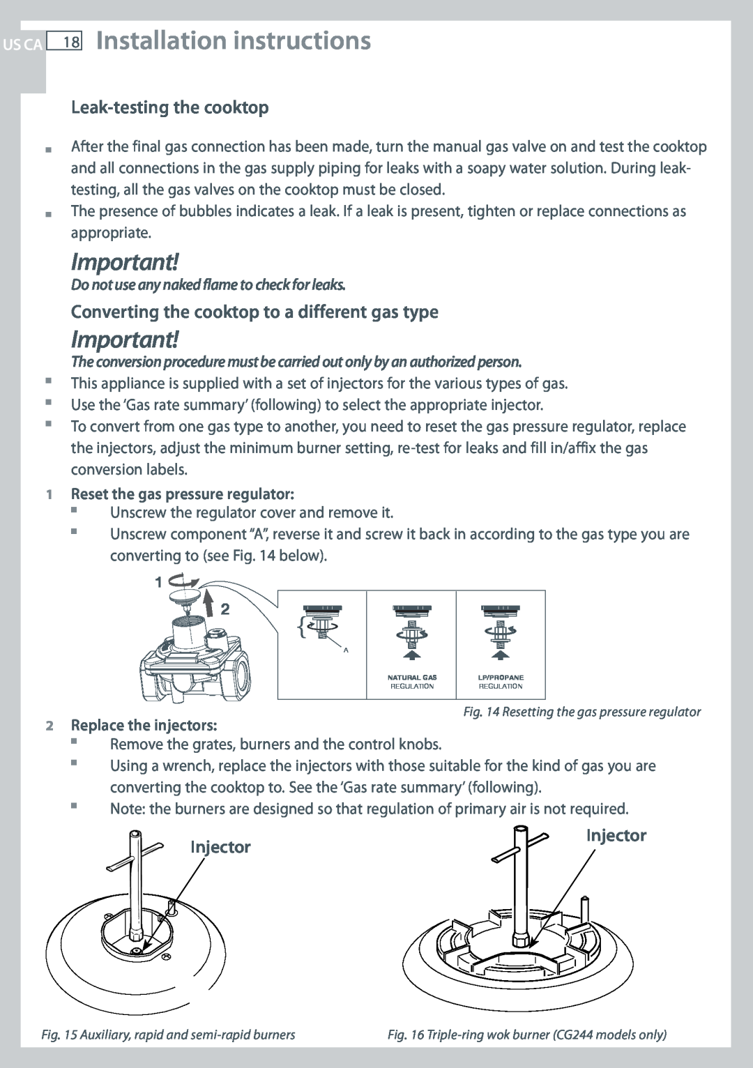 Fisher & Paykel CG244 Installation instructions, Leak-testingthe cooktop, Converting the cooktop to a different gas type 