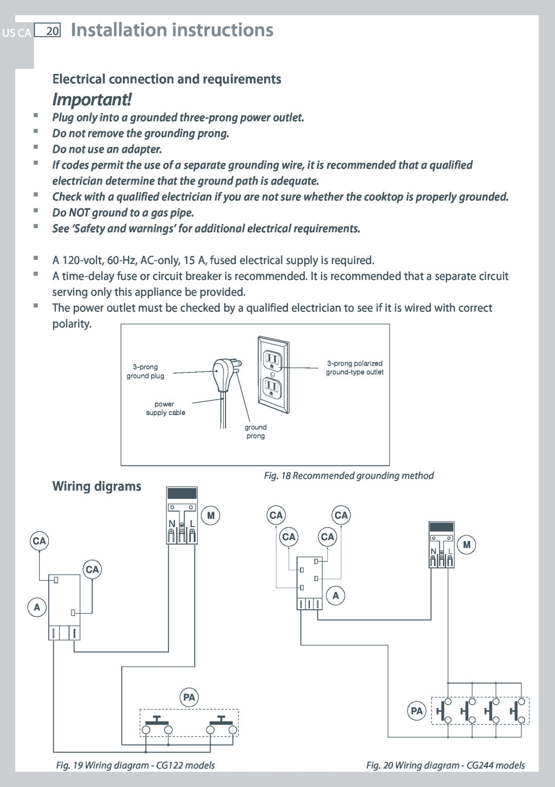 Fisher & Paykel CG244, CG122 Installation instructions, Electrical connection and requirements, Wiring digrams, Us Ca 