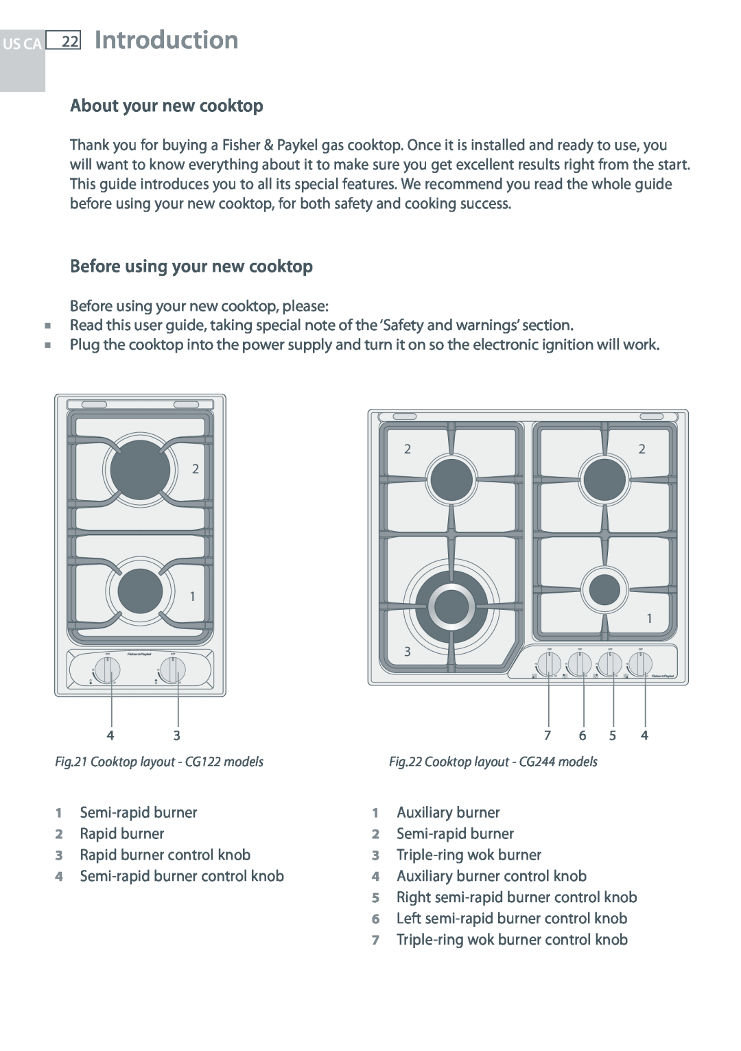Fisher & Paykel CG244, CG122 Introduction, About your new cooktop, Before using your new cooktop, Us Ca 