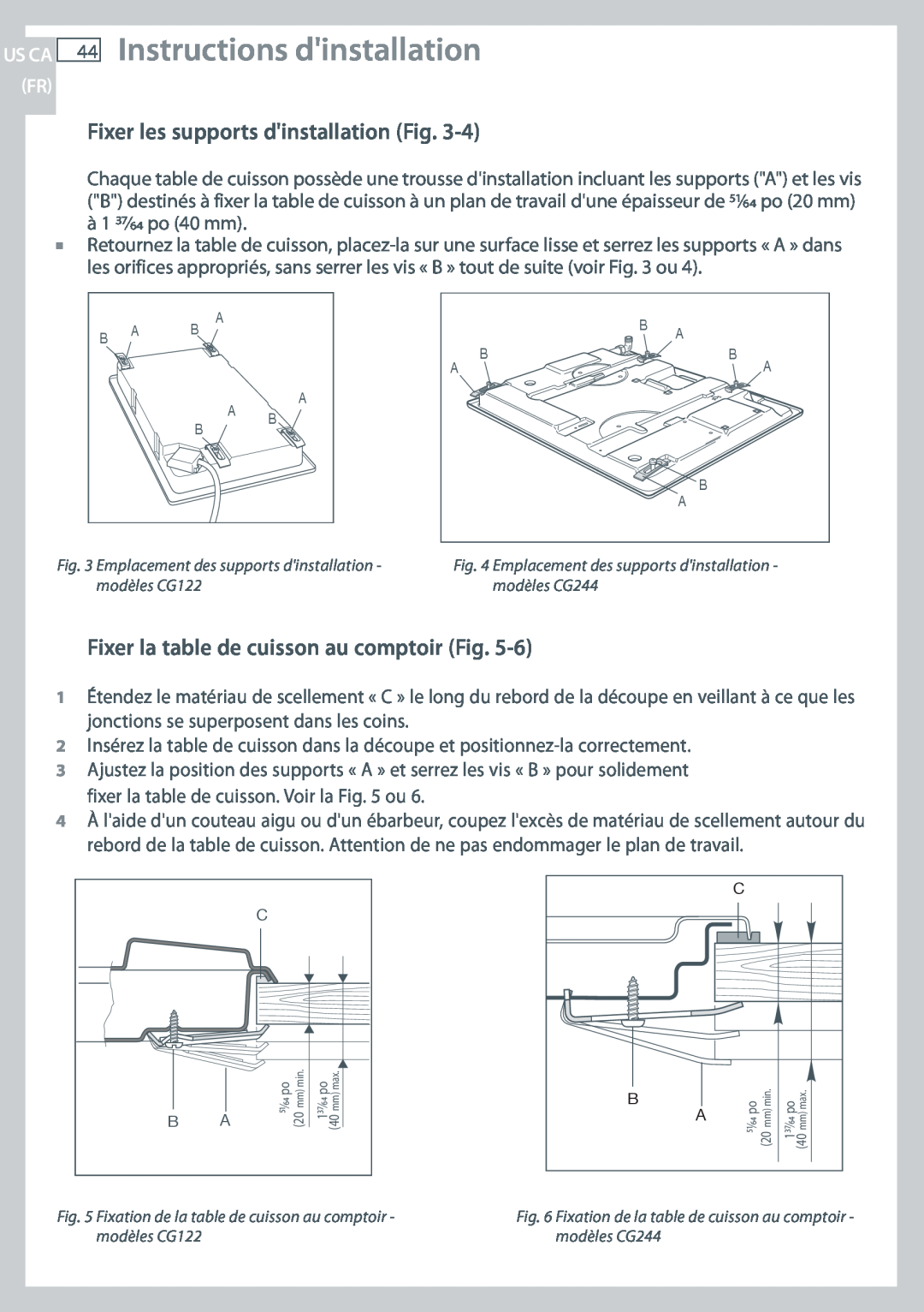 Fisher & Paykel CG244, CG122 installation instructions 44Instructions dinstallation, Fixer les supports dinstallation Fig 