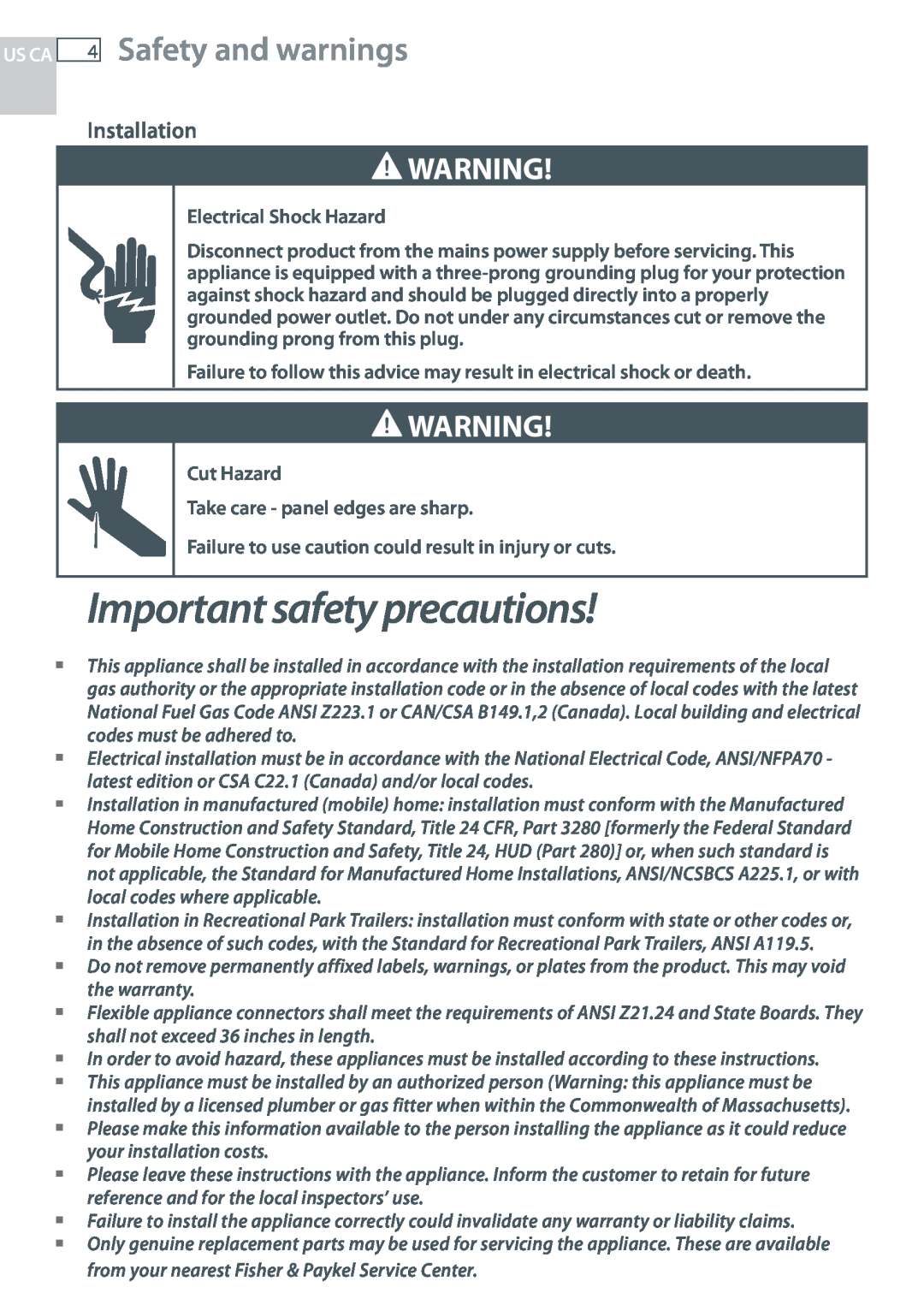 Fisher & Paykel CG244 Important safety precautions, 4Safety and warnings, Installation, Us Ca, Electrical Shock Hazard 