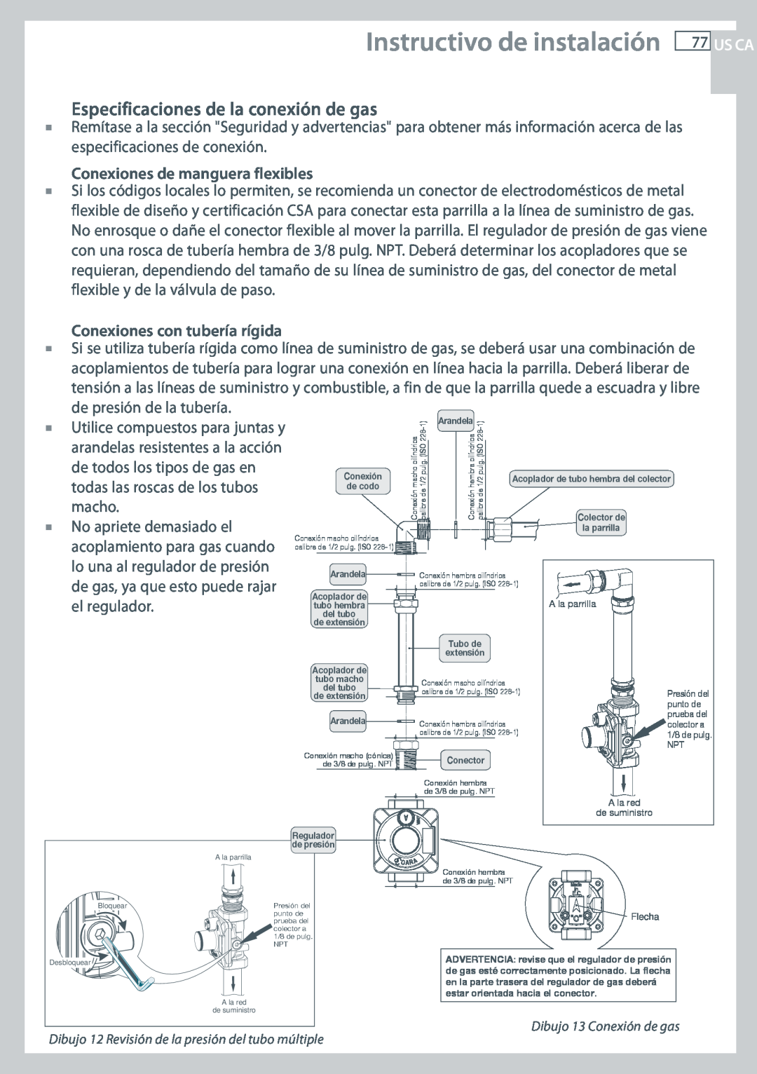 Fisher & Paykel CG122 Instructivo de instalación, Especificaciones de la conexión de gas, Conexiones de manguera flexibles 