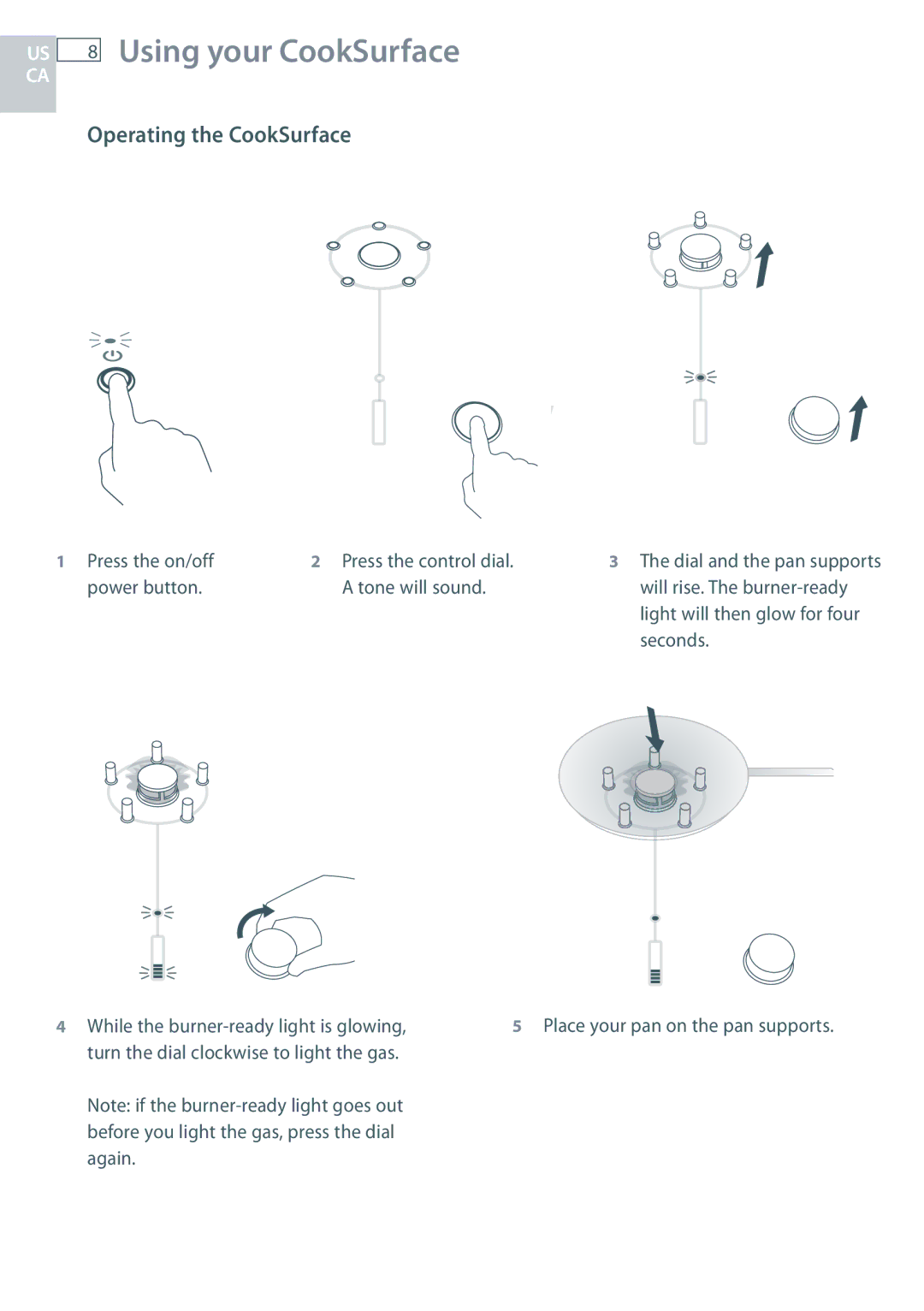 Fisher & Paykel CG363MLD manual US 8 Using your CookSurface, Operating the CookSurface, Press the on/off, Power button 