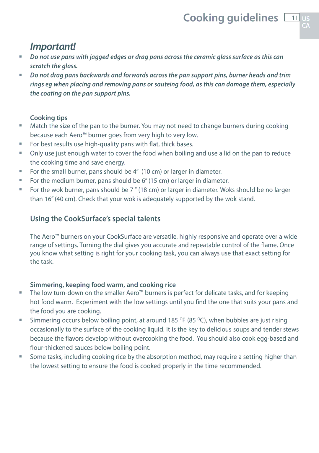 Fisher & Paykel CG363MLD manual Cooking guidelines, Using the CookSurface’s special talents, Cooking tips 