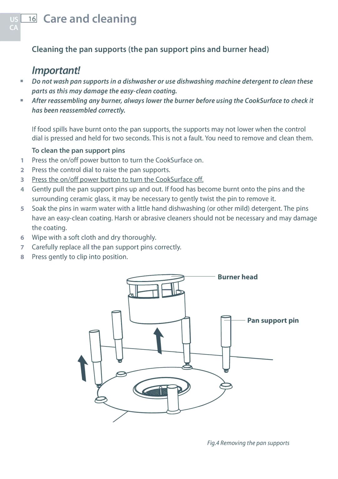 Fisher & Paykel CG363MLD manual To clean the pan support pins, Burner head Pan support pin 