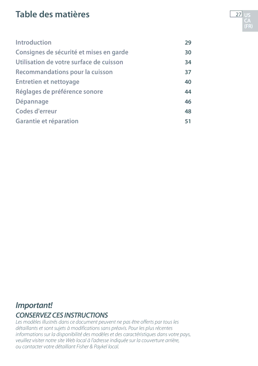 Fisher & Paykel CG363MLD manual Table des matières 