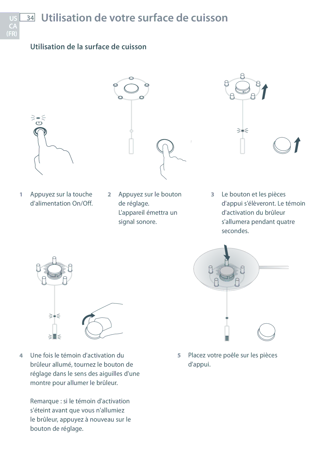 Fisher & Paykel CG363MLD manual US 34 Utilisation de votre surface de cuisson, Utilisation de la surface de cuisson 