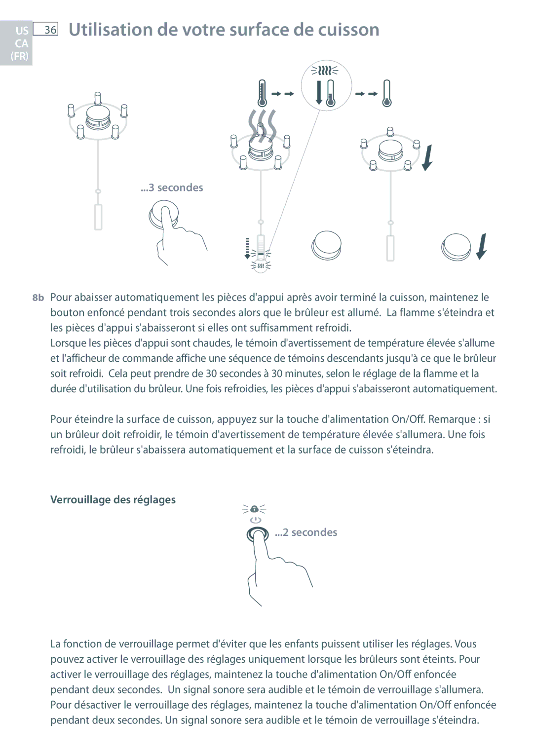 Fisher & Paykel CG363MLD manual Utilisation de votre surface de cuisson, Verrouillage des réglages 