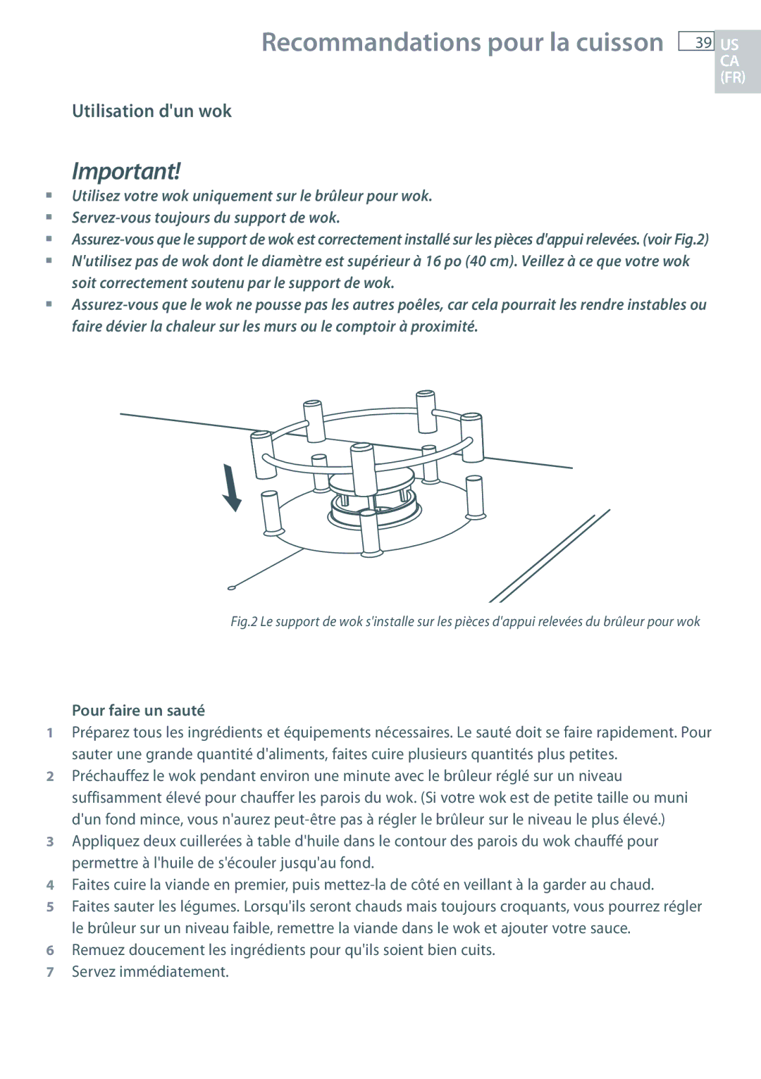 Fisher & Paykel CG363MLD manual Utilisation dun wok, Pour faire un sauté 