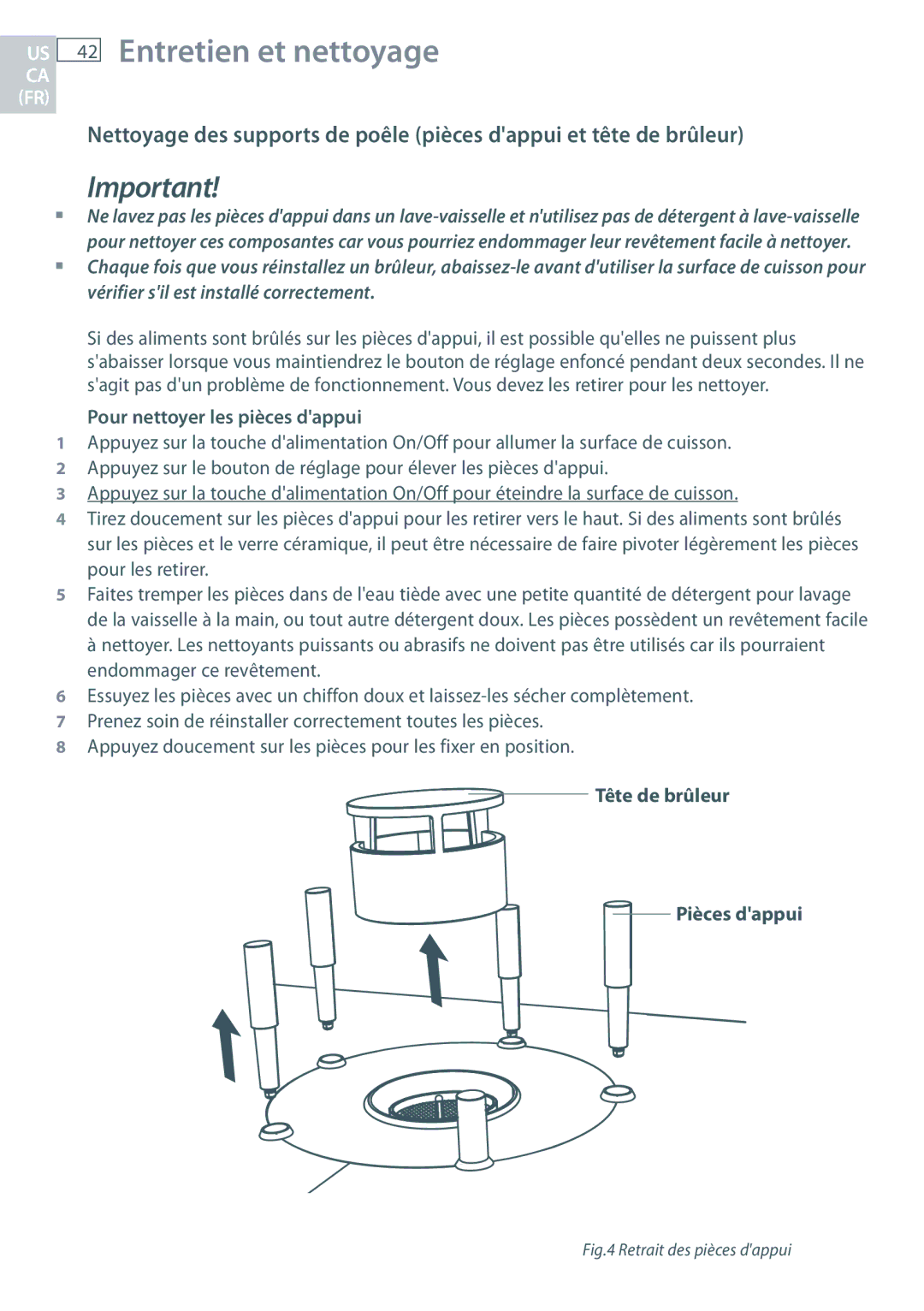 Fisher & Paykel CG363MLD manual Pour nettoyer les pièces dappui, Tête de brûleur Pièces dappui 