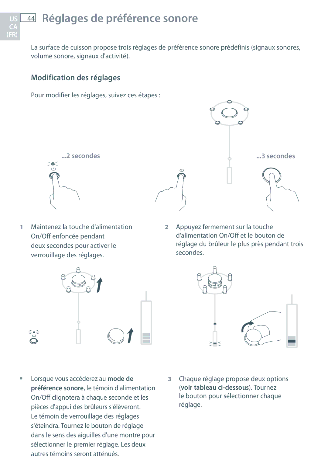 Fisher & Paykel CG363MLD manual US 44 Réglages de préférence sonore, Modification des réglages 