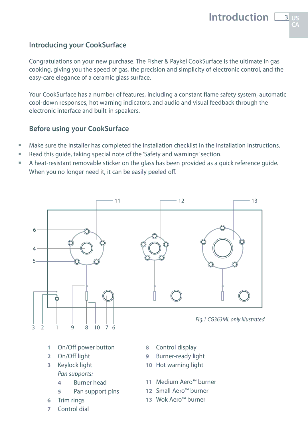 Fisher & Paykel CG363MLD manual Introduction, Introducing your CookSurface, Before using your CookSurface 