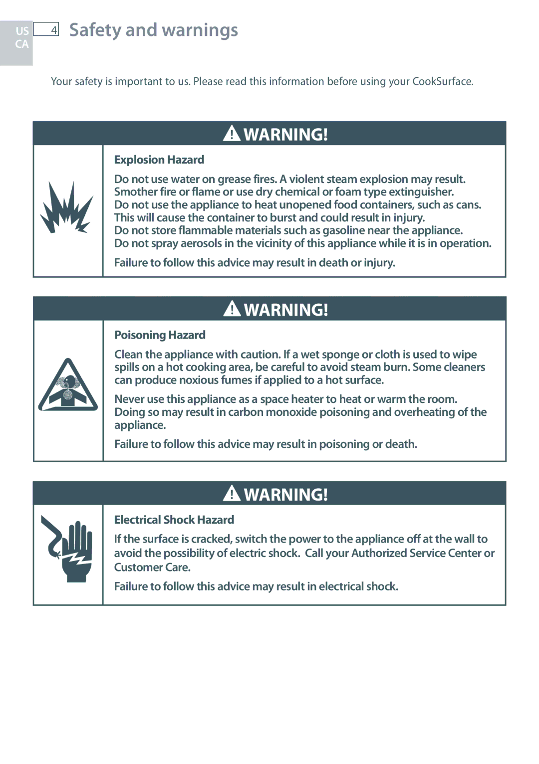 Fisher & Paykel CG363MLD manual Safety and warnings, Explosion Hazard 