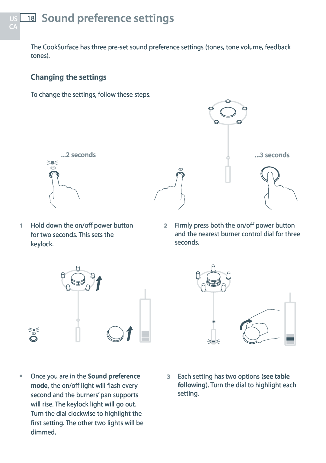 Fisher & Paykel CG363MLD manual US 18 Sound preference settings, Changing the settings, seconds 