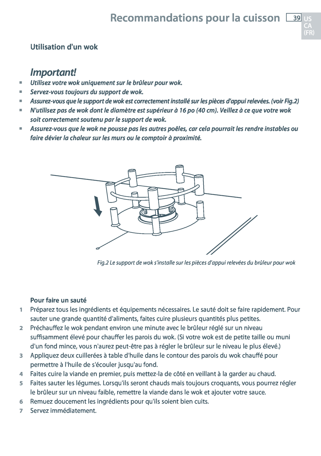 Fisher & Paykel CG363MLD manual Recommandations pour la cuisson, Utilisation dun wok, Pour faire un sauté 