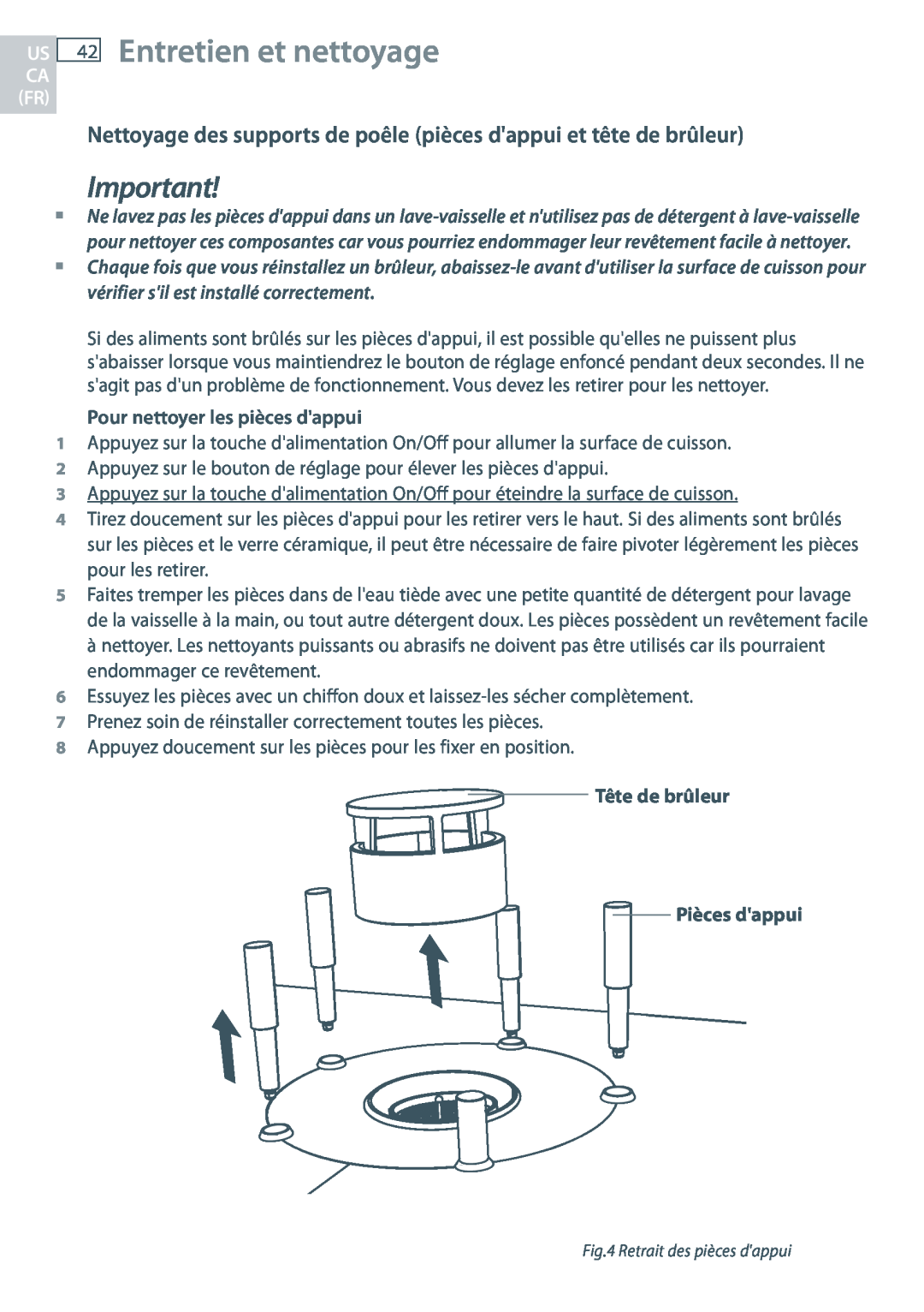 Fisher & Paykel CG363MLD manual Entretien et nettoyage, Nettoyage des supports de poêle pièces dappui et tête de brûleur 
