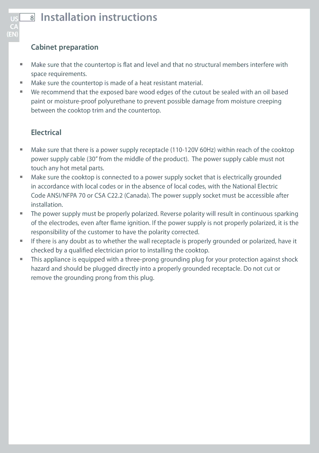 Fisher & Paykel CG365D, CG365C installation instructions Installation instructions, Cabinet preparation, Electrical 