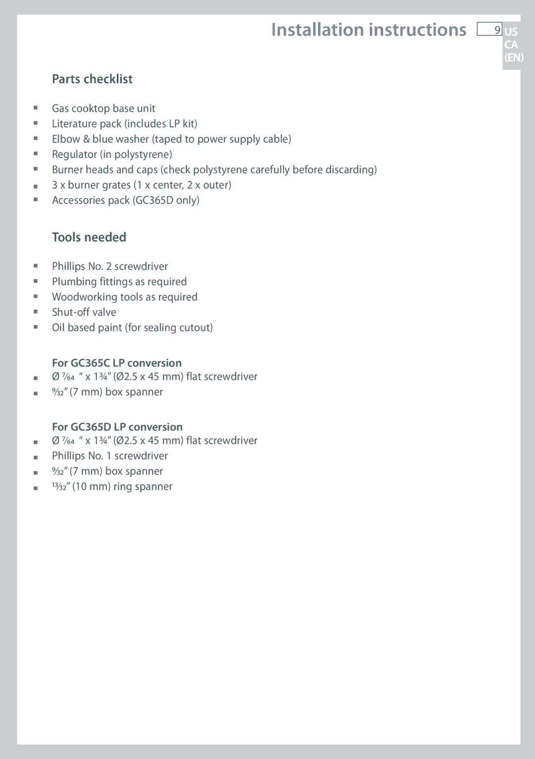 Fisher & Paykel CG365C, CG365D Parts checklist, Tools needed, For GC365C LP conversion, For GC365D LP conversion 