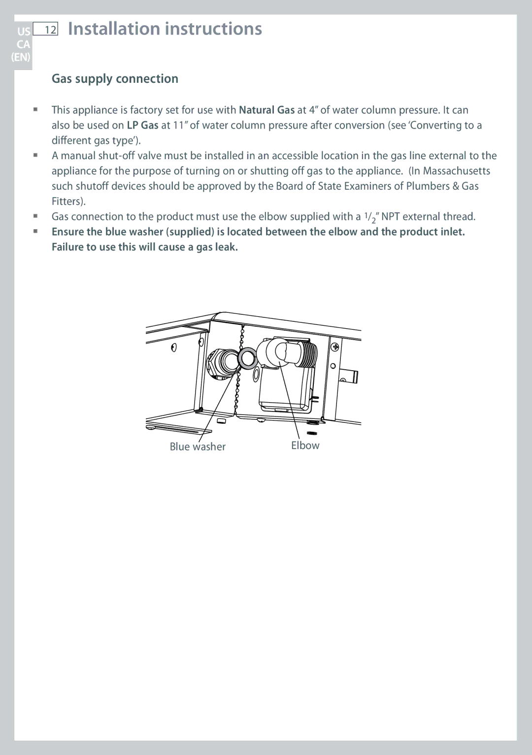 Fisher & Paykel CG365D, CG365C installation instructions Gas supply connection, Blue washer 