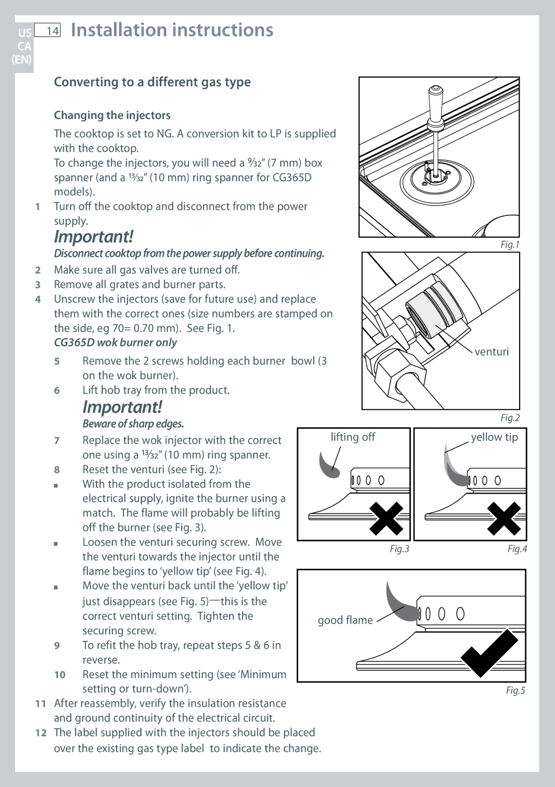 Fisher & Paykel CG365D, CG365C Changing the injectors, Disconnect cooktop from the power supply before continuing 