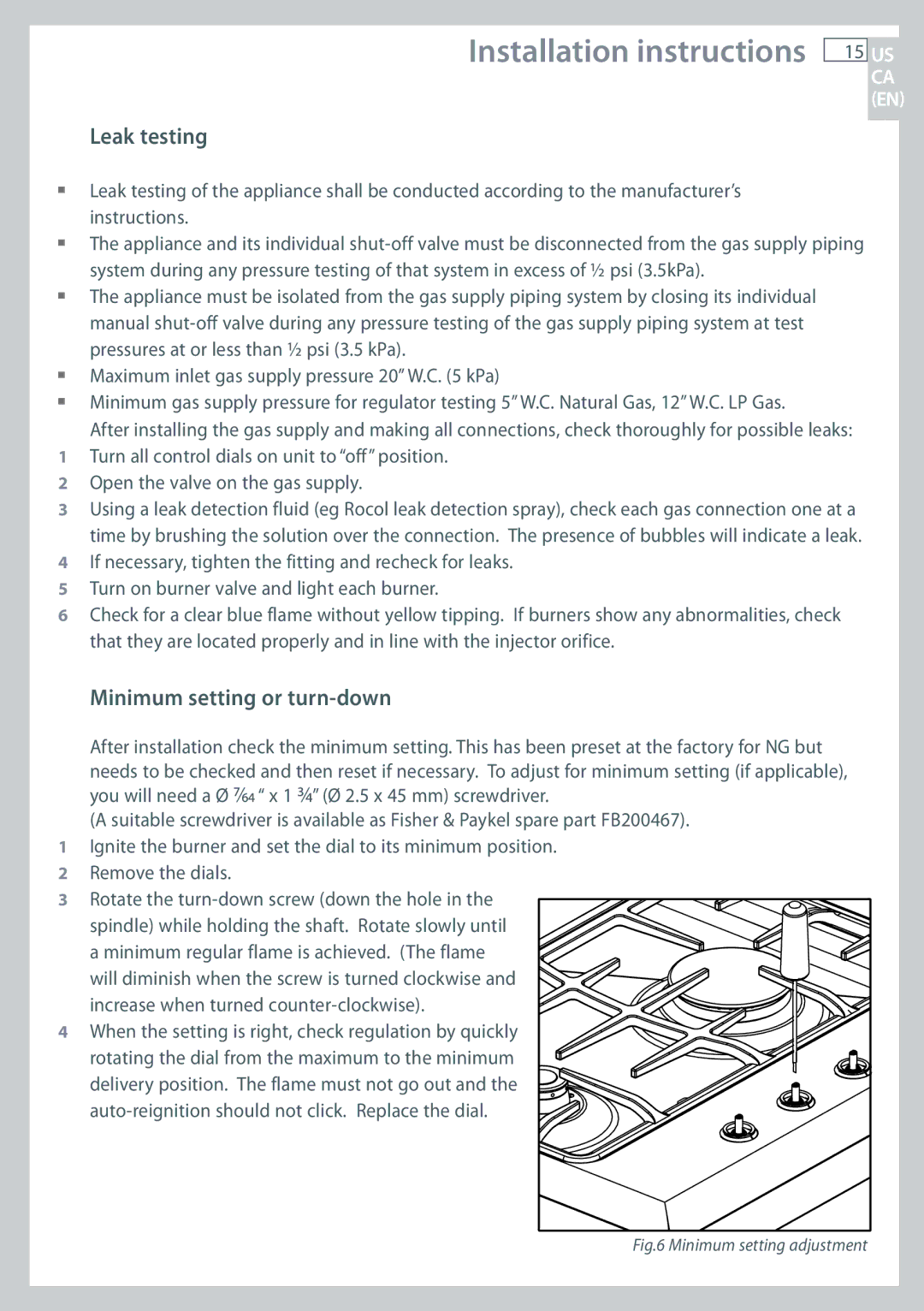 Fisher & Paykel CG365C Leak testing, Minimum setting or turn-down, When the setting is right, check regulation by quickly 