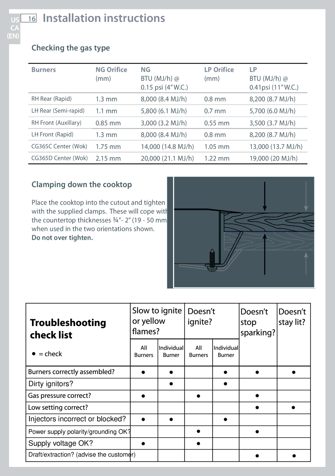 Fisher & Paykel CG365D, CG365C Checking the gas type, Clamping down the cooktop, Do not over tighten 