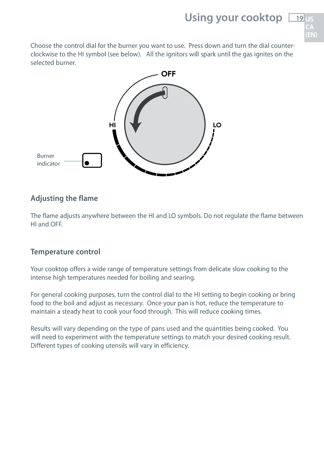 Fisher & Paykel CG365C, CG365D installation instructions Using your cooktop, Adjusting the flame, Temperature control 