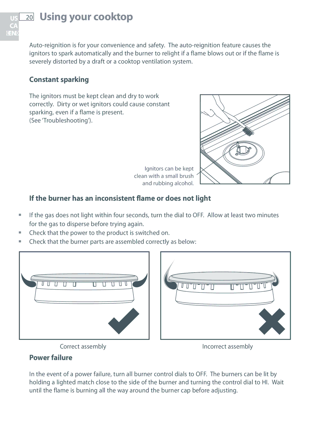 Fisher & Paykel CG365D, CG365C Constant sparking, If the burner has an inconsistent flame or does not light, Power failure 