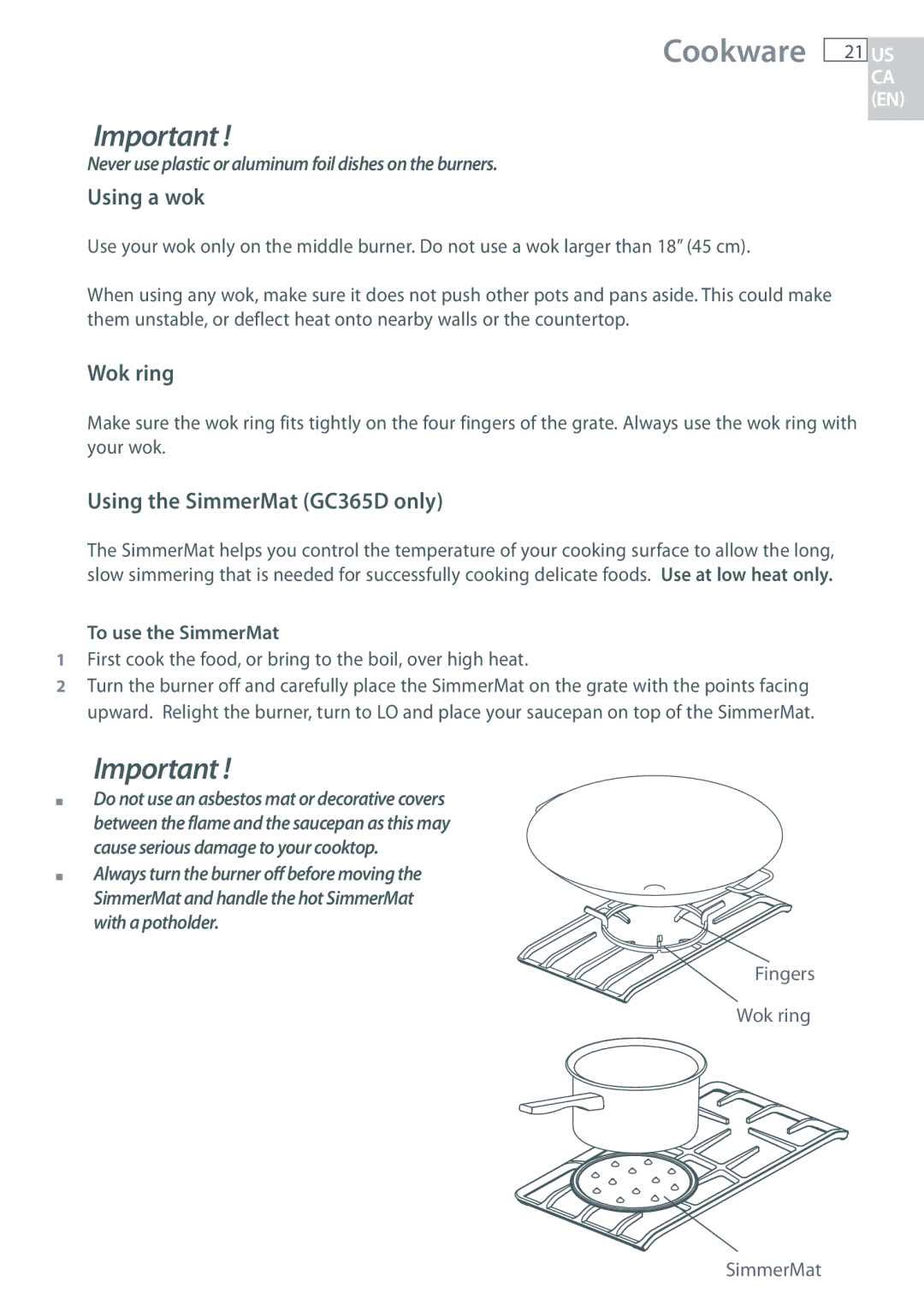 Fisher & Paykel CG365C, CG365D Cookware, Using a wok, Wok ring, Using the SimmerMat GC365D only, To use the SimmerMat 