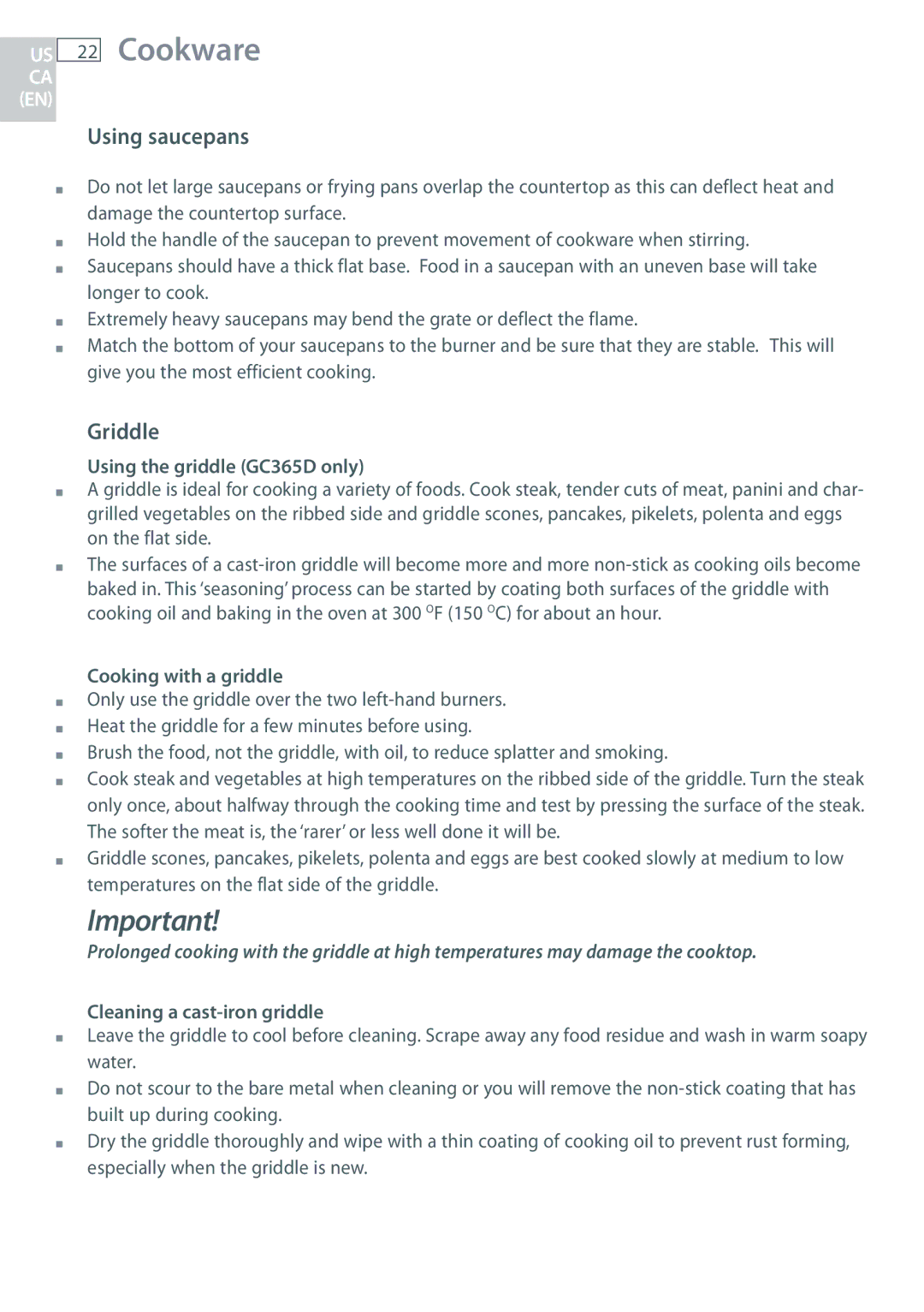 Fisher & Paykel CG365D, CG365C Using saucepans, Griddle, Using the griddle GC365D only, Cooking with a griddle 