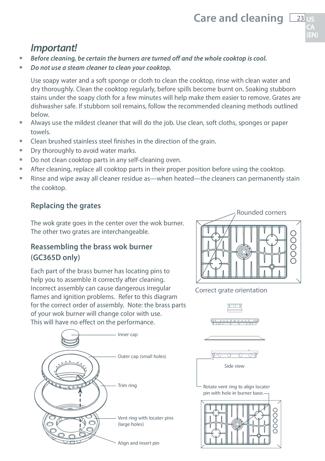 Fisher & Paykel CG365C, CG365D Care and cleaning, Replacing the grates, Reassembling the brass wok burner GC365D only 