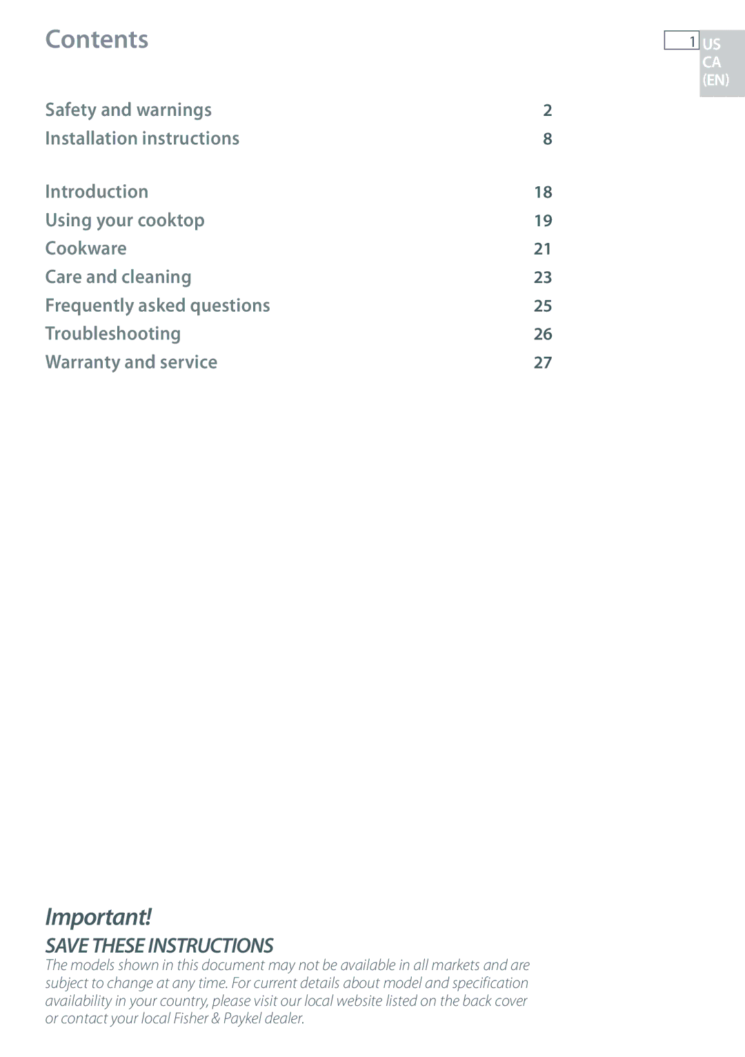 Fisher & Paykel CG365C, CG365D installation instructions Contents 