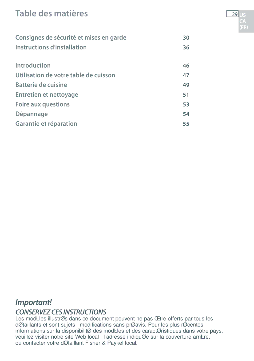 Fisher & Paykel CG365C, CG365D installation instructions Table des matières, Conservez CES Instructions 